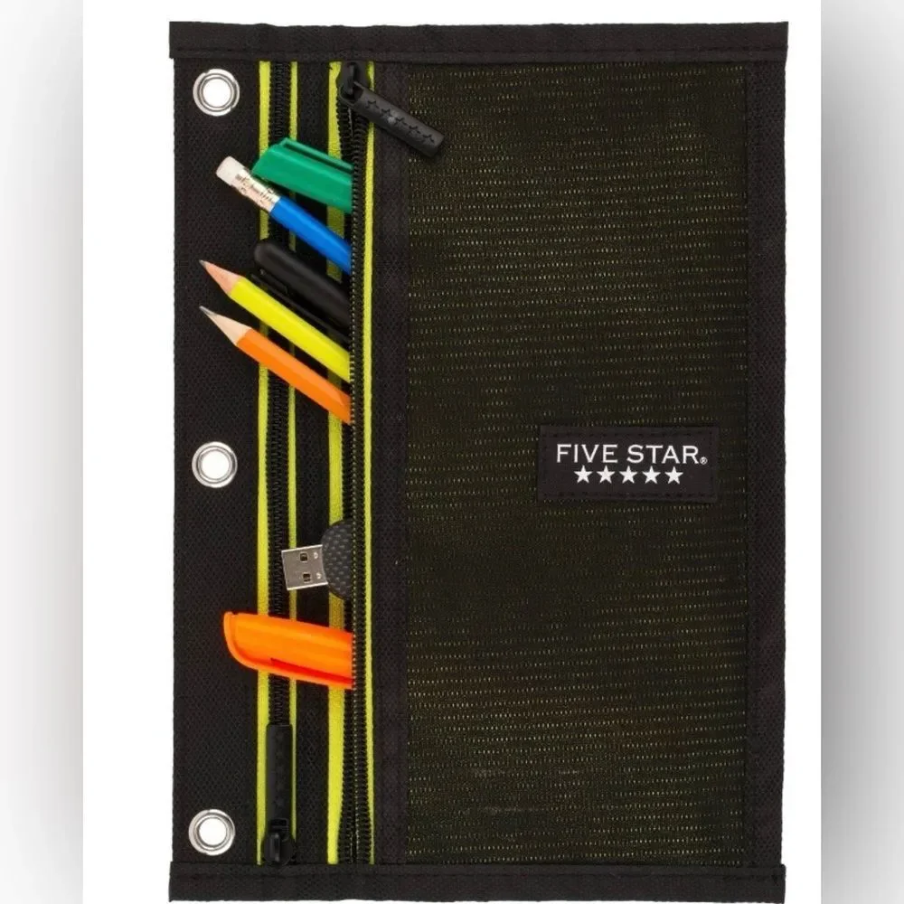 Five Star Black Green Silver Mesh Dual Zipper Binder Compatible Pencil Pouch